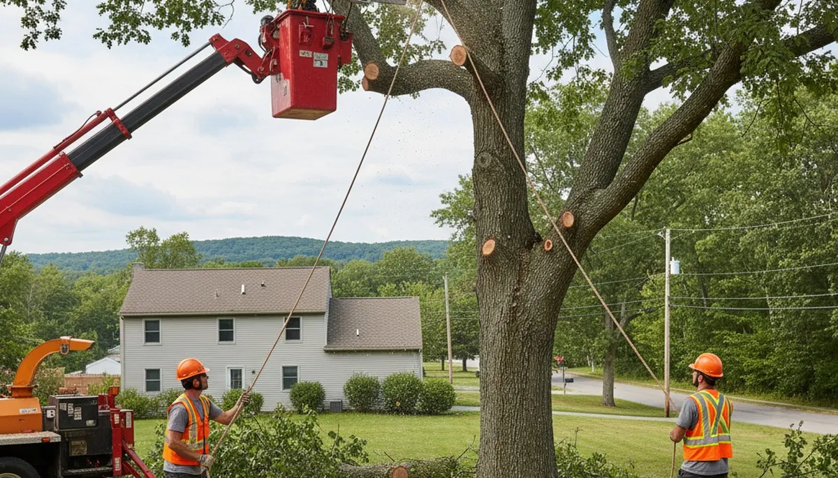 Professional crew performing safe tree removal at Worcester MA home using bucket truck and chainsaws