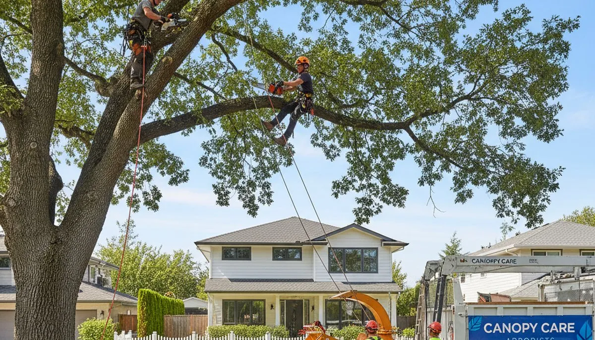 Arborist trimming oak tree in Worcester, MA for professional tree care and removal services